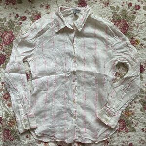 100% Linen White Blouse with Pink Embroidery